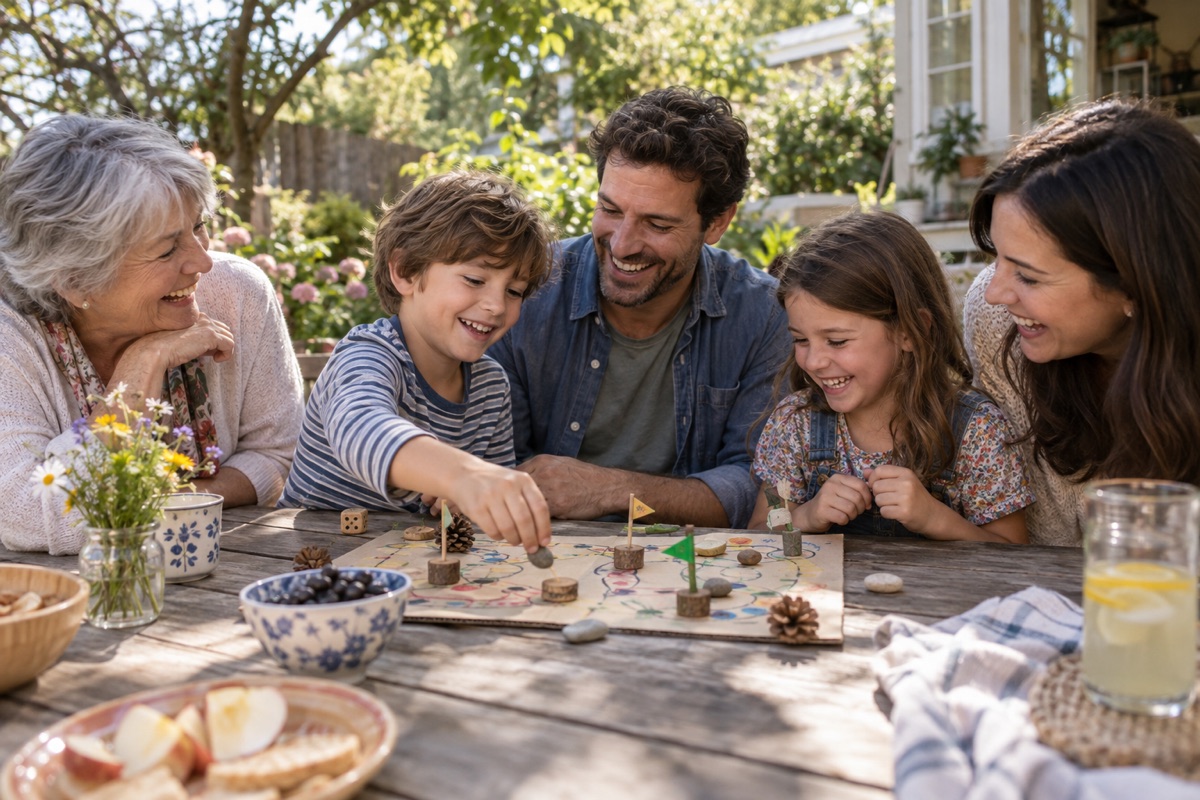 Three generations laughing over a homemade garden game